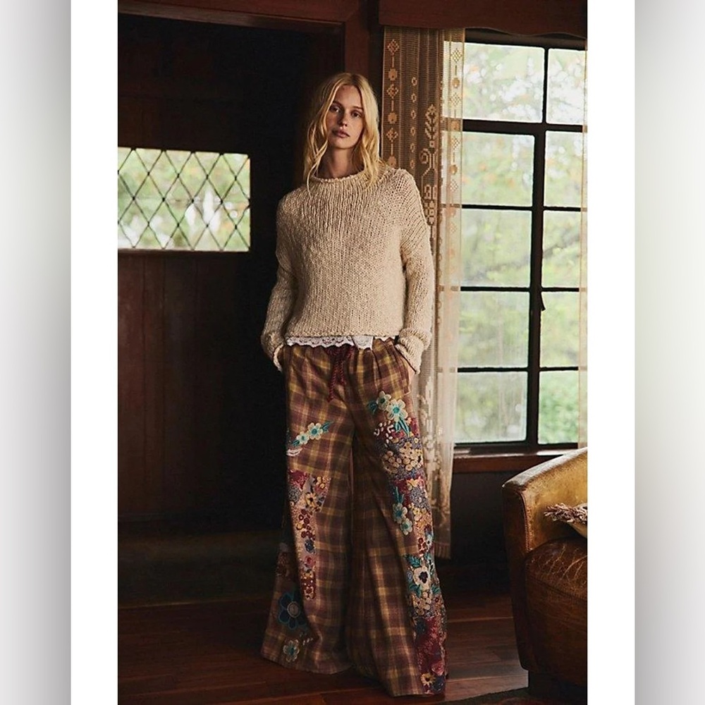 Free People Brooks Embroidered Wide-Leg Patchwork Pants Green Combo - Picture 9 of 15